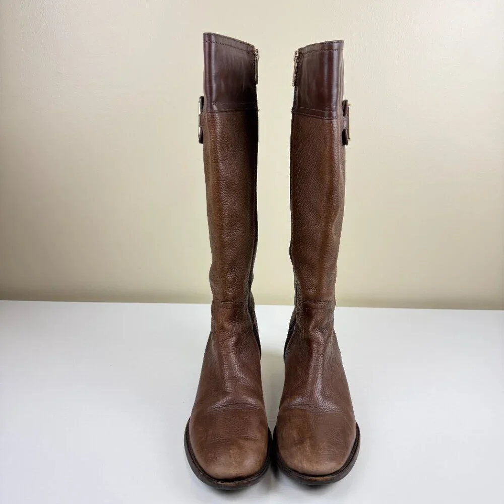 Tory Burch Julian Brown Pebbled Leather Tall Riding Boots - Picture 2 of 15
